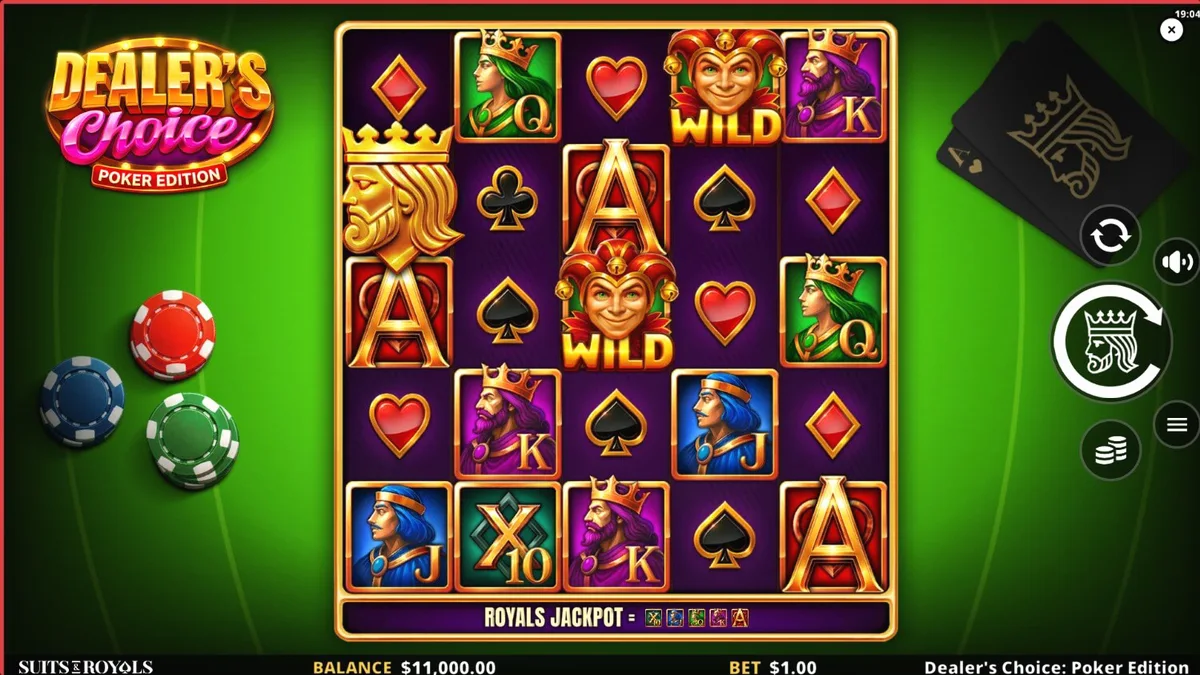 Dealer’s Choice: Poker Edition slot gameplay dengan tema meja poker hijau dan simbol kartu.