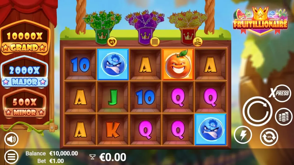 Tampilan visual slot Fruitillionaire dengan karakter buah yang marah dan latar belakang kerajaan.